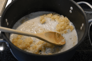 Grannie Geek, adding stock to the butter-flour-onion saute
