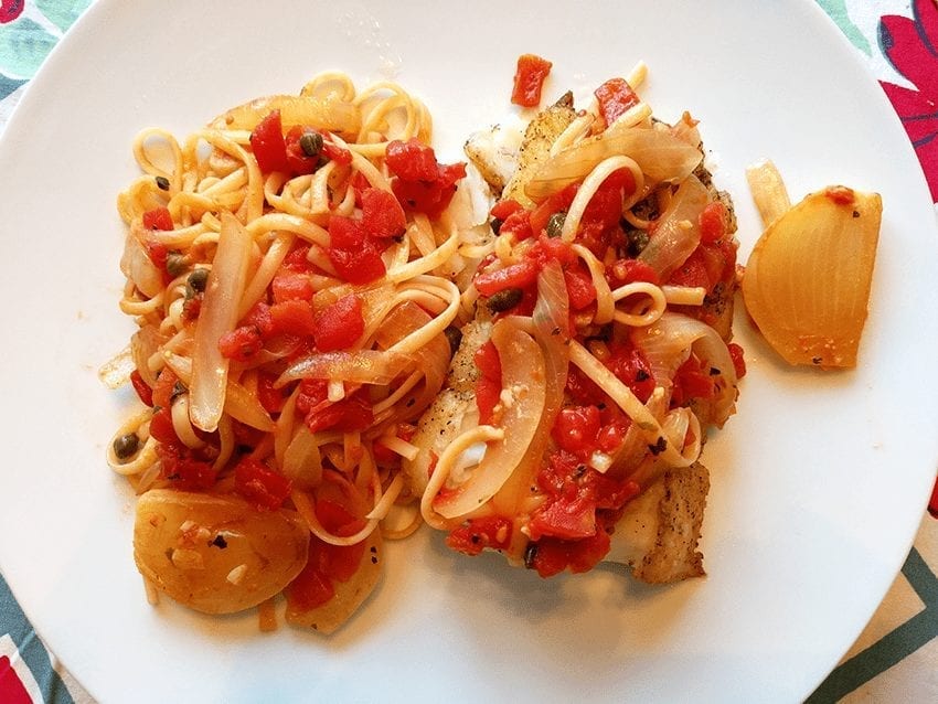 Pan Seared Cod with Tomatoes, Onions & Capers