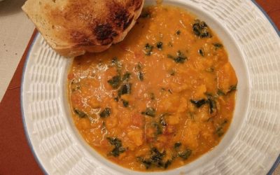 Spicy Sweet Potato Soup with Peanuts & Kale