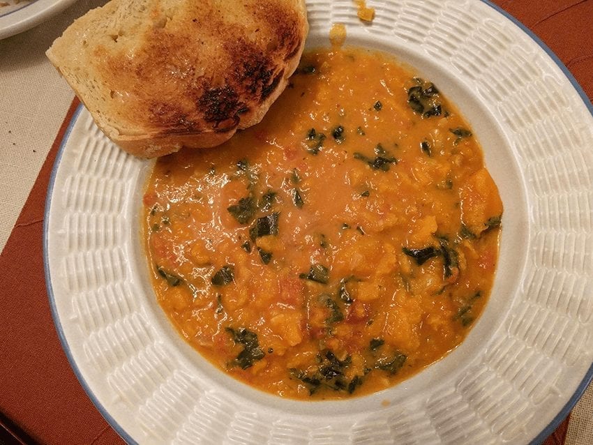 Spicy Sweet Potato Soup with Peanuts & Kale