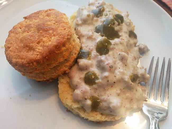 at mimi's table buttery buttermilk biscuits and creamy sausage gravy with jalapeno tobasco