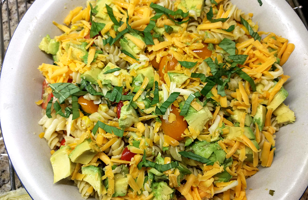 Summertime Tomato, Avocado, Roasted Corn, Basil Pasta Salad