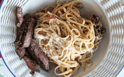 Grilled Steak with Creamy, Cheesy Pasta,Tomatoes & Mushrooms