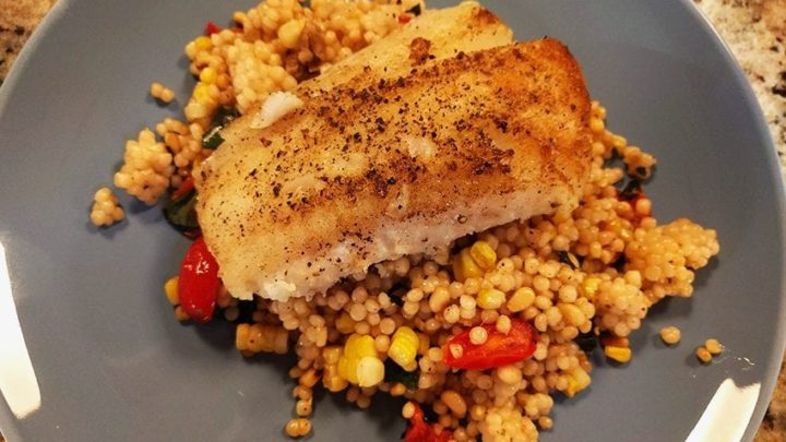 At Mimi S Table Pan Seared Cod With Tomato Corn And Basil Couscous