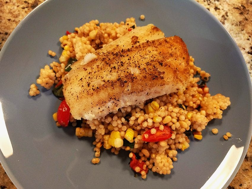 At Mimi's Table PanSeared Cod with Tomato, Corn and Basil Couscous