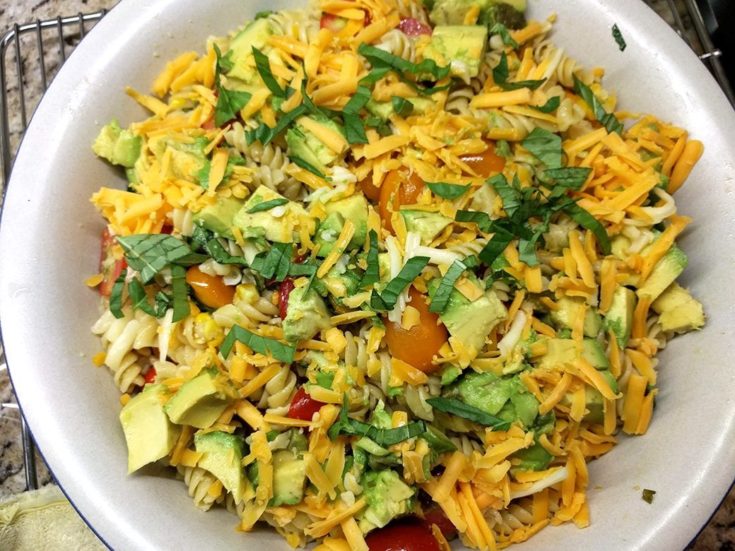 Summertime Tomato, Avocado, Roasted Corn, Basil Pasta Salad